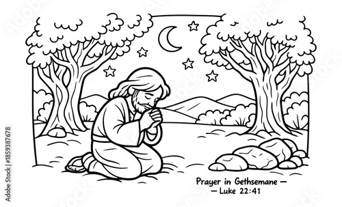 Jesus praying in the Garden of Gethsemane under the night sky