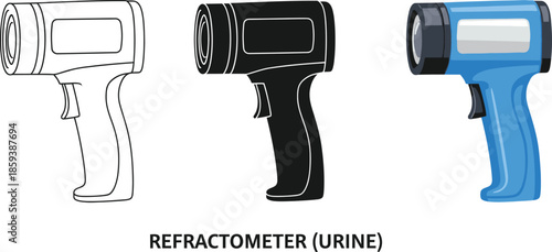 Collection of refractometer icons including outline solid black and blue color versions for medical and laboratory use isolated on white