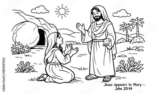 Jesus appears to Mary Magdalene outside the empty tomb on Easter morning