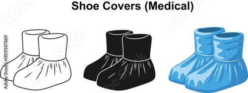 Set of medical shoe covers in different styles including outline black and blue for hygiene and protection in healthcare settings
