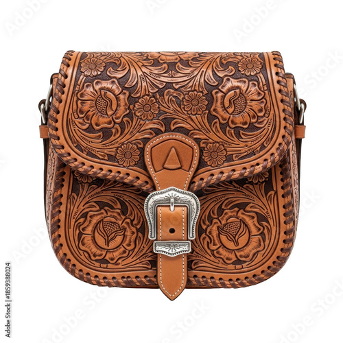 Tooled leather crossbody bag with floral pattern and silver buckle leather bag shoulder bag