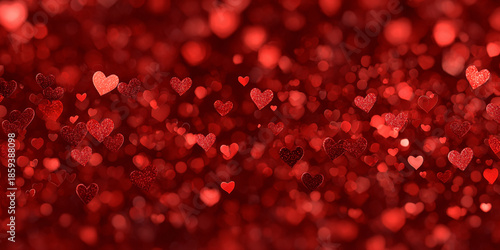 Romantic red glitter hearts background with shimmering bokeh lights. For Valentine's Day promotions, wedding invitations, anniversary greetings, and romantic digital wallpapers. Sparkling red hearts.