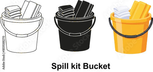 Collection of spill kit buckets including outline silhouette and colored vector illustrations for safety and cleaning concepts