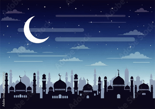 Vector flat design illustration of a serene cityscape at night with a crescent moon and stars in a blue gradient sky, featuring a mosque and buildings in silhouette.