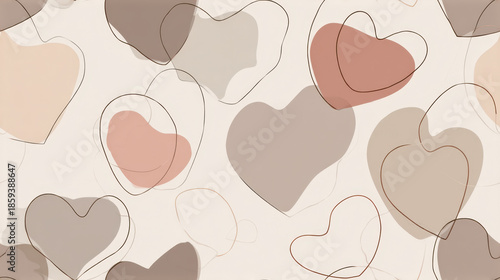 Minimal seamless valentine pattern with abstract heart shapes and line art in soft neutral tones, modern romantic background for elegant love themed designs