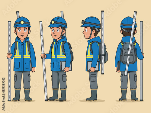 Construction worker with surveying equipment.