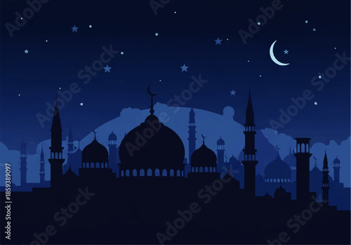 Vector flat design illustration of a mosque silhouette at night with a crescent moon and stars in a dark blue sky.