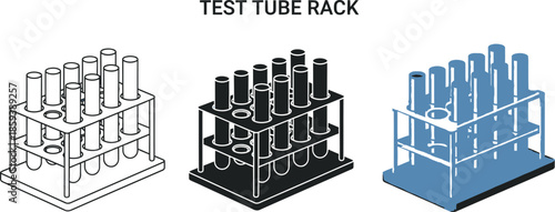 Collection of test tube rack icons in different styles representing laboratory equipment for science and research isolated on white background
