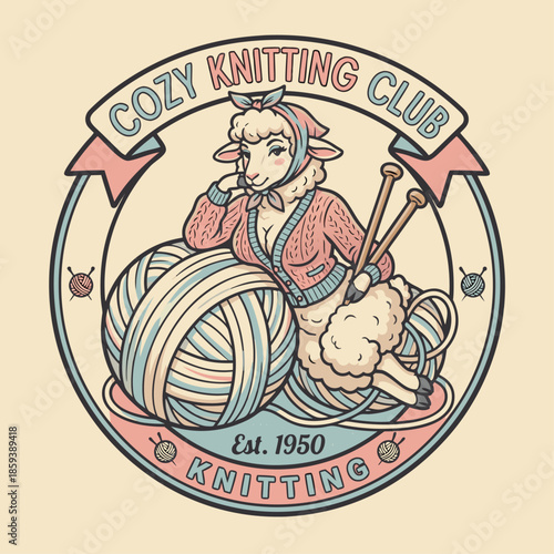 Cozy Knitting Club Sheep Illustration.