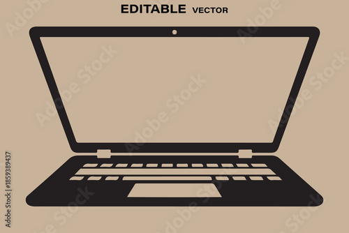Minimalist flat design black silhouette vector illustration of an open laptop computer
