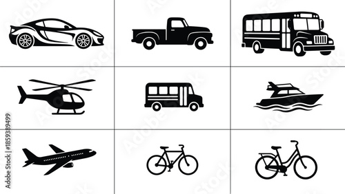 Vintage steam locomotive icon set, black and white train silhouettes, historical railway engine illustrations, steam engine details, retro transportation graphics