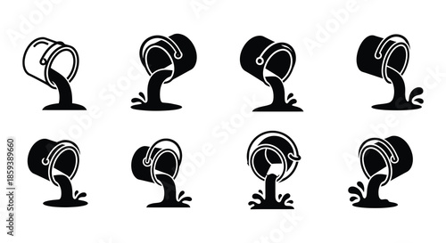 Illustrative set of watering cans pouring water depicted in a simple black and white style