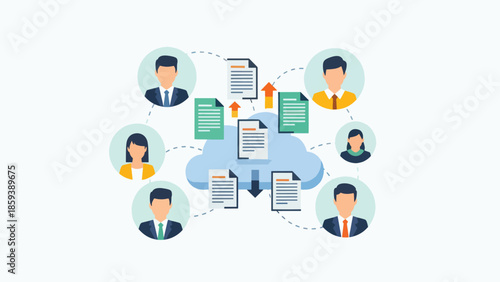 A group of professionals collaborating and sharing documents through a cloud storage system from various viewpoints