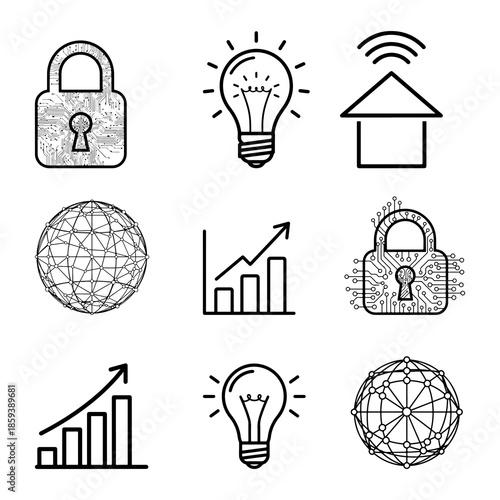 Minimal Technology and Security Line Icons – Monochrome Vector Set