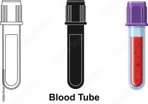 Collection of blood collection tubes including a line art silhouette and realistic illustration with red liquid perfect for medical or laboratory concepts