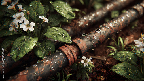 Wide lawn irrigation scene showing multiple sprinkler heads forming consistent watering patterns