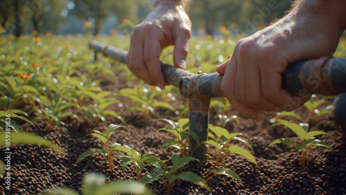 Organized drip irrigation system installed along garden beds for efficient watering