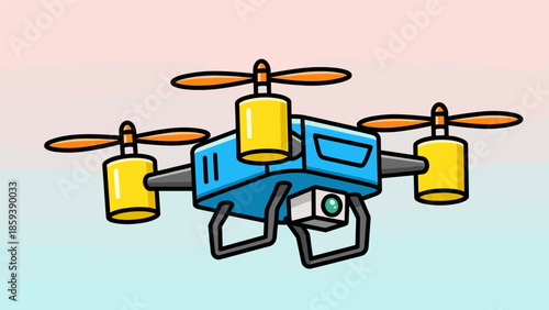 Cartoon Drone Illustration with Four Rotors and Camera.
