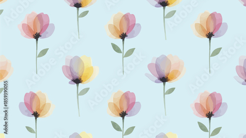 A serene pattern of pastel flowers on a light blue background illustrating a peaceful botanical scene from a directly overhead viewpoint
