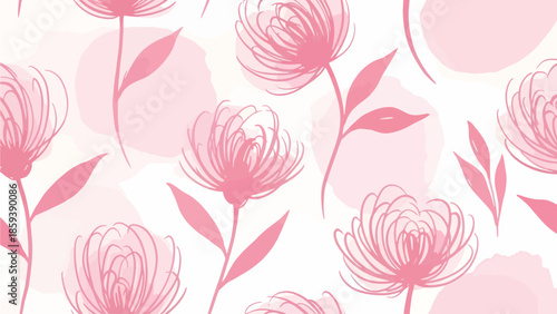A serene illustration of flowers and leaves in a soft pink hue on a white background viewed from directly above