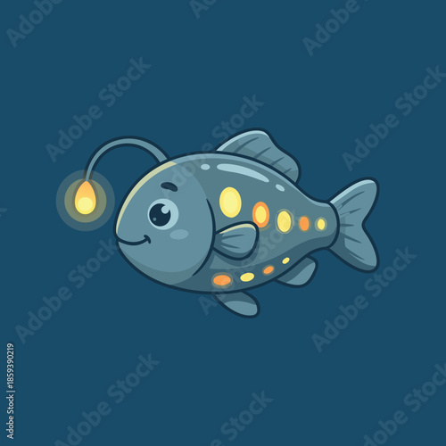 Cute cartoon anglerfish with glowing lure and spots.