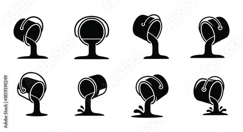 Illustrative set of watering cans pouring water depicted in a simple black and white style