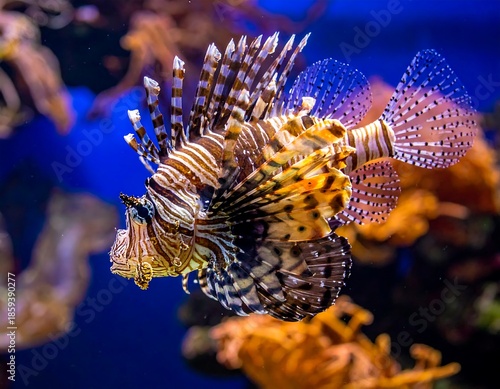 Ornate lionfish swims gracefully in blue water; dorsal fins are speckled and spiny
