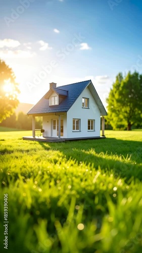 Wallpaper Mural Cozy white house with dark roof on a vibrant green lawn bathed in warm sunlight, nestled in a serene landscape Torontodigital.ca
