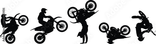 Silhouette collection of happy shoppers, diverse business professionals, jumping crowds, and extreme motocross stunts for retail and corporate marketing success.