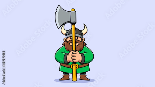 Cartoon Viking Warrior Holding Axe with Horned Helmet.