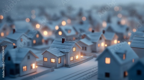A serene winter cityscape, showcasing a charming cluster of houses blanketed in a delicate layer of snow, creates a tranquil scene, illuminated by the warm glow emanating from within each home.