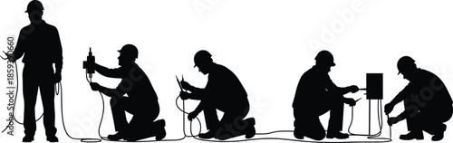 Silhouette collection of happy shoppers, diverse business professionals, jumping crowds, extreme motocross stunts, construction workers, and professional cleaning service staff.