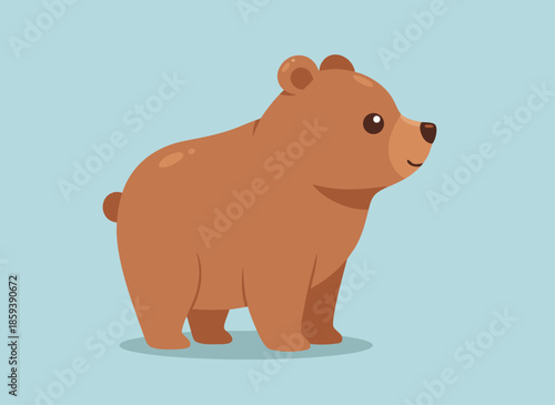 Cute cartoon brown bear cub standing on a light blue background.