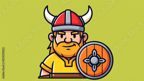 Cartoon Viking Warrior with Horned Helmet and Shield.
