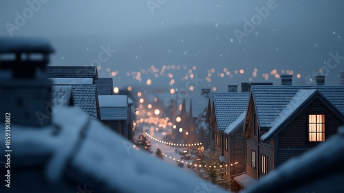 A tranquil winter scene of snow-covered rooftops, with a street lined with softly glowing lights in the distance. creating a calm, wintery atmosphere. 
