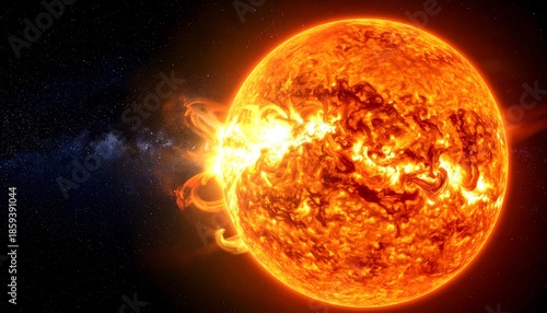 Fiery celestial sphere with plasma ejections against a starry backdrop. Hot, bright and detailed