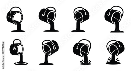 Illustrative set of watering cans pouring water depicted in a simple black and white style