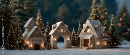 A charming winter wonderland, a series of intricately detailed miniature houses nestled among snow-covered trees, bathed in the soft glow of warm lights.