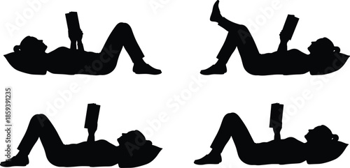 Silhouette of a woman lying down reading a book in various relaxed poses isolated on white background for lifestyle concept
