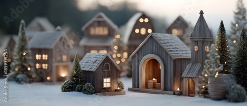 A miniature village in a snowy landscape during winter with light glow, evoking a sense of cozy charm and festive ambiance.