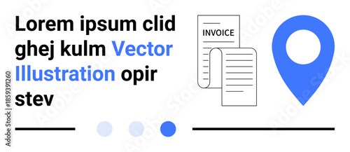 Documents labeled invoice next to blue map location marker with navigation interface. Ideal for business, finance, delivery, location tracking, data management, navigation apps, simple landing page