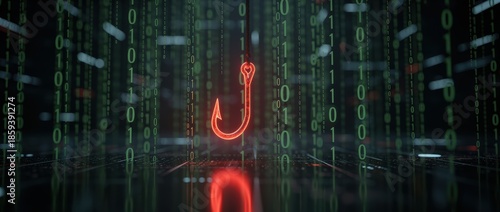 A digital scene featuring a glowing hook amidst cascading binary code, symbolizing cybersecurity threats like phishing.