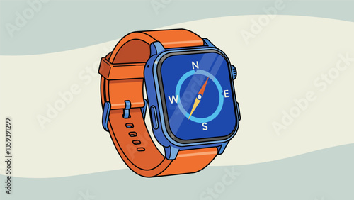 Smartwatch with Compass Display and Orange Band Illustration.
