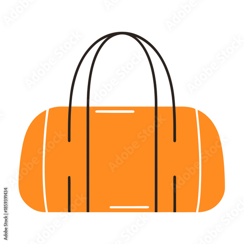 Orange duffel bag with black handles in flat design  