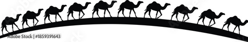 Silhouette of camel caravan walking in a long line on desert sand dunes isolated on white background for travel design,