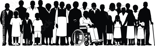 Silhouette of diverse crowd people including disabled man in wheelchair isolated on white background for community inclusion and social diversity