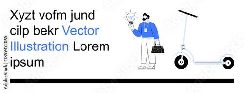 Innovation, business solutions, electric mobility, energy ideas, eco-transport, creative concepts. A man holds a light bulb while an electric scooter sits nearby. Innovation and eco-transport concept