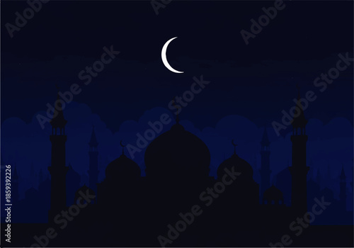 Vector flat design illustration of a mosque silhouette under a crescent moon at night with a dark blue background.