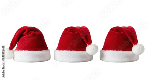 Three classic red and white Santa Claus hats for Christmas holiday celebration and festive decor isolated PNG with Transparent Background