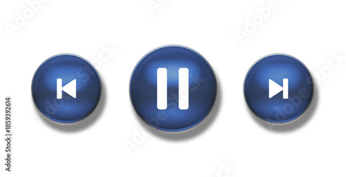 Music player buttons vector set in liquid glass style with blue tint, including play, pause, forward, rewind and other controls, on transparent background for clean UI design.